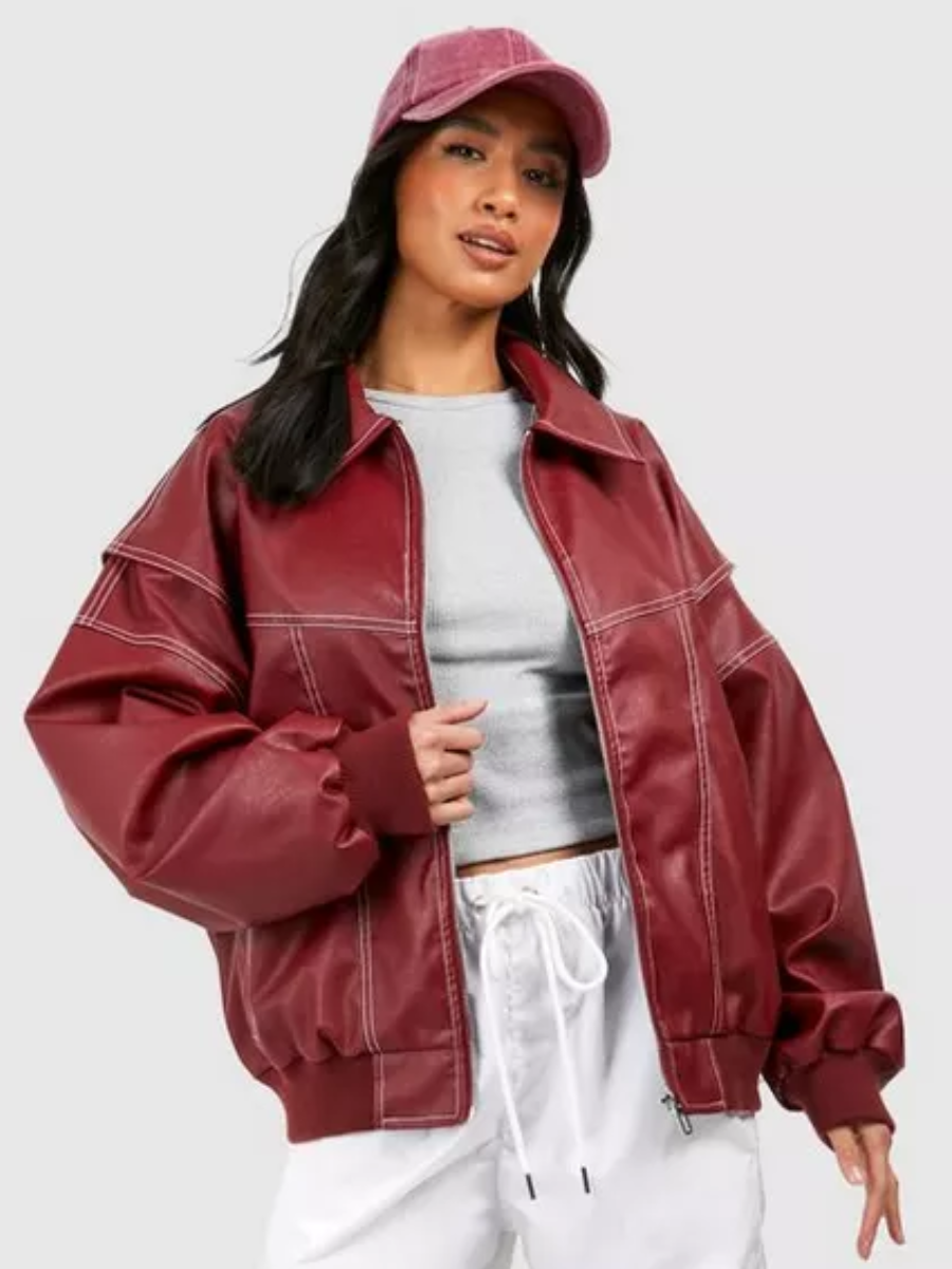 Lisa - Imitation Leather Bomber Jacket