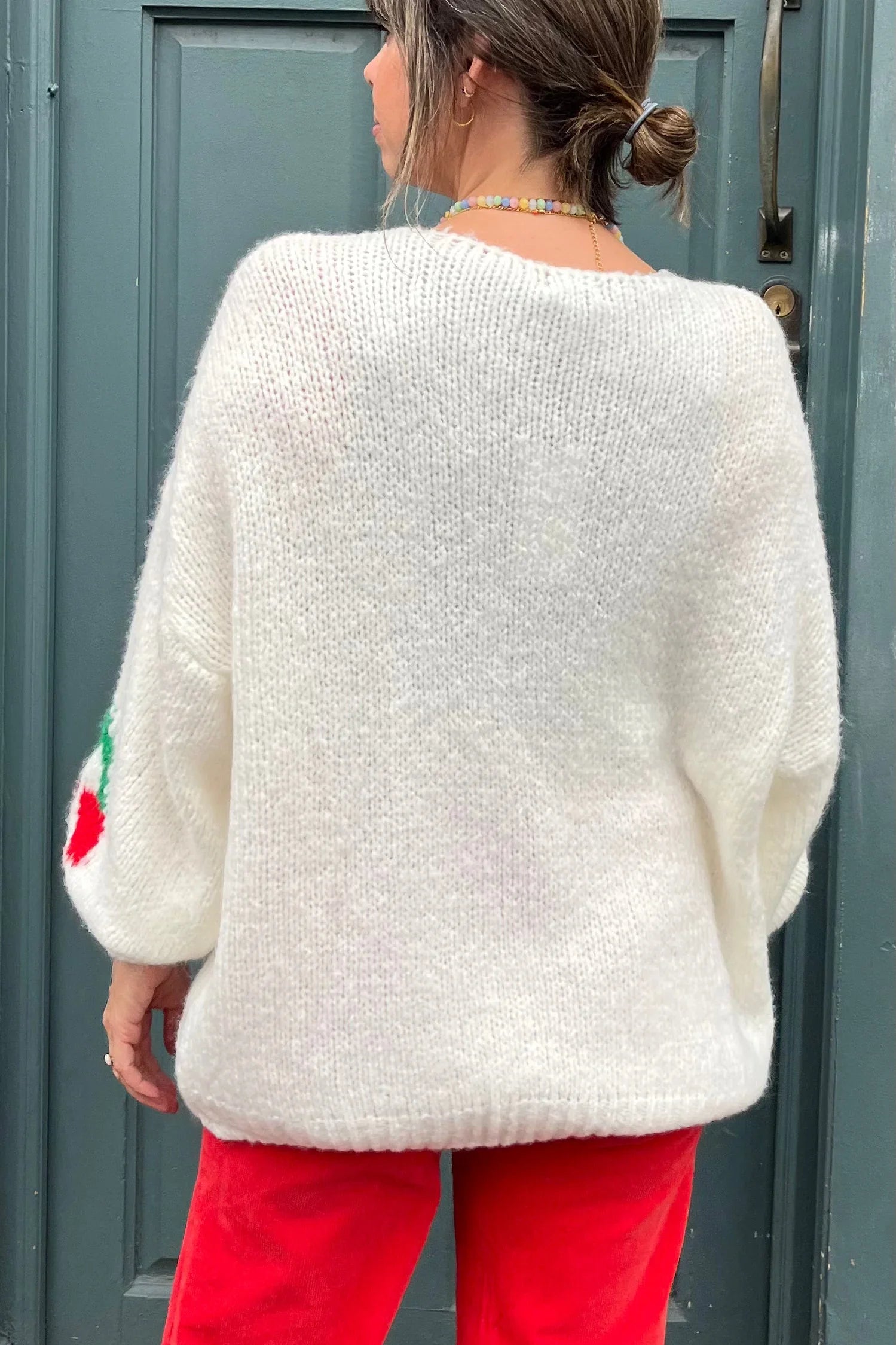 Cardigan in misto mohair con motivo a ciliegia - Crema